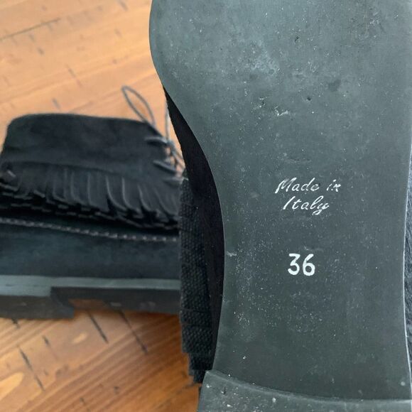 Jenni Kayne Black Suede Fringe Ankle Boots Women’s 36 US 6 Lace Up Made in Italy - Picture 6 of 9